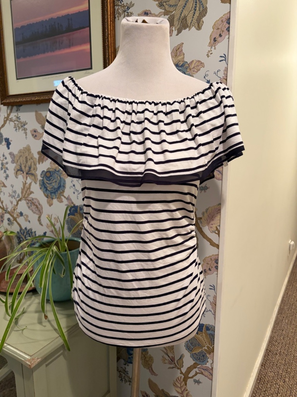 White House Black Market Ruffle Striped Off-Shoulder Top